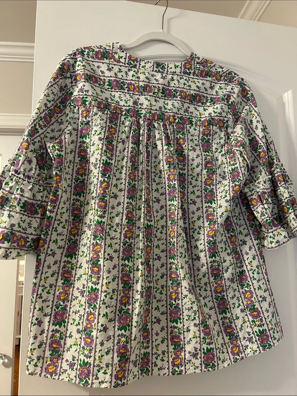 Tuckernuck Floral Stripe Boho Blouse in White, Purple & Green - Picture 3 of 3